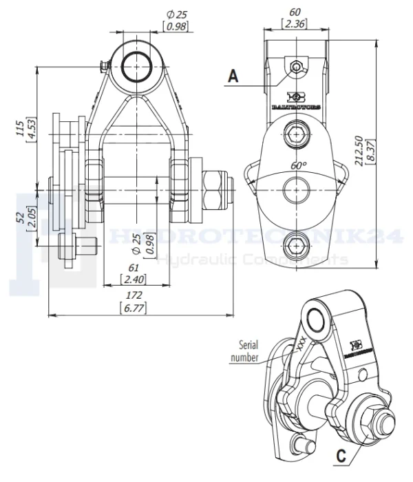 Hydraulische rotator BG3 3/8" 20L/min, maximale Belastung mit Drehung 3000kg. Typ der Verbindung: ohne Bremse