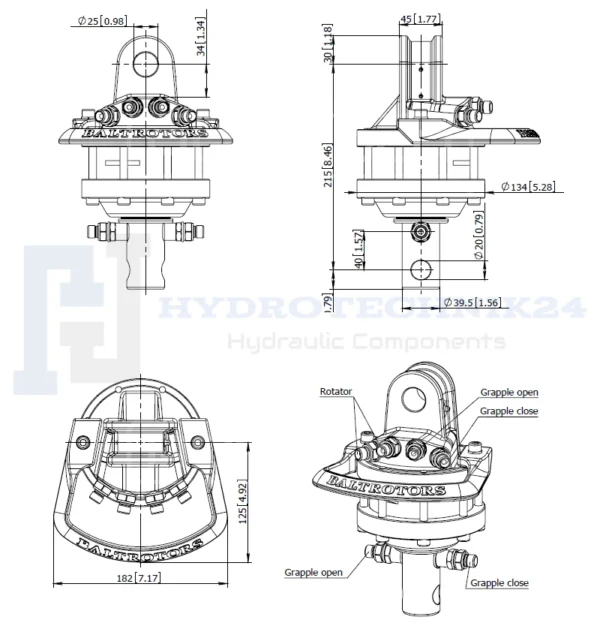 Hydraulische rotator BG3 3/8" 20L/min, maximale Belastung mit Drehung 3000kg. Typ der Verbindung: ohne Bremse