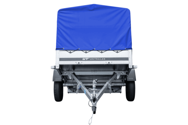 Auto Anhänger 230x125 Garden Trailer 230 KIPP Unitrailer 750 kg mit Stützrad, blauer Hochplane und Hochspriegel