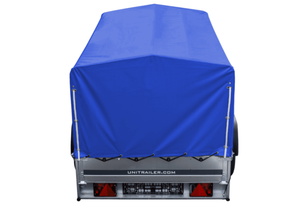 Auto Anhänger 230x125 Garden Trailer 230 KIPP Unitrailer 750 kg mit Stützrad, blauer Hochplane und Hochspriegel