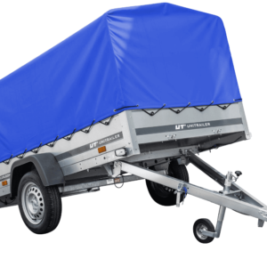 Auto Anhänger 230x125 Garden Trailer 230 KIPP Unitrailer 750 kg mit Stützrad, blauer Hochplane und Hochspriegel