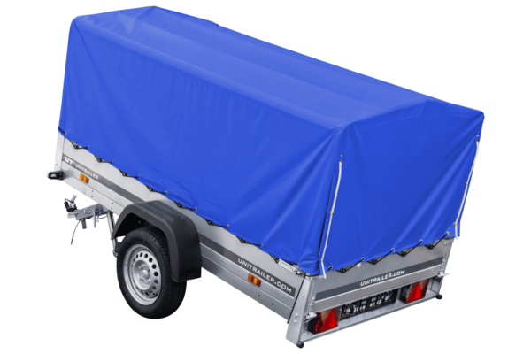 Auto Anhänger 230x125 Garden Trailer 230 KIPP Unitrailer 750 kg mit Stützrad, blauer Hochplane und Hochspriegel
